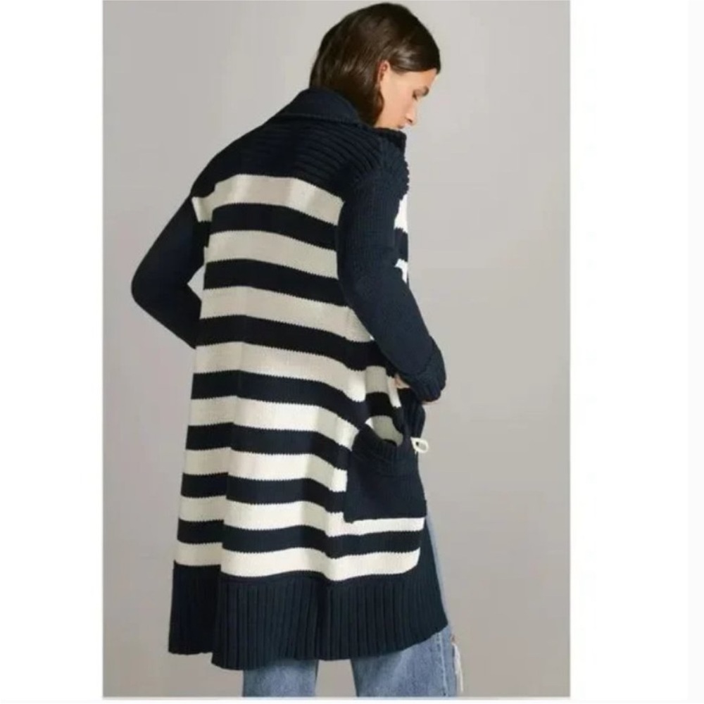 Anthropologie Maeve Navy White Nautical toggle knit long cardigan sz small - Picture 2 of 9